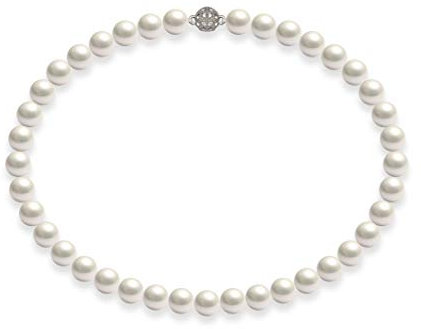 Schmuckwilli Perlenkette für Damen Magnetverschluß - 50cm Länge mit 10mm großen weißen runden Mallorca Perlen - Muschelkernperlen Kette für jeden Anlass - die Halskette Pearl Necklace für Frauen