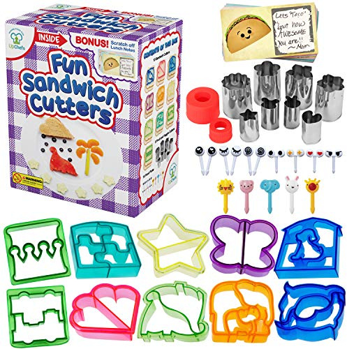 UpChefs Sandwich Cutters for kids - Create Healthy School Lunches in Minutes with These Fun Bento Lunch Box Accessories – Includes Fruit and Vegetable cookie cutters – Food Picks Plus Scratch Notes
