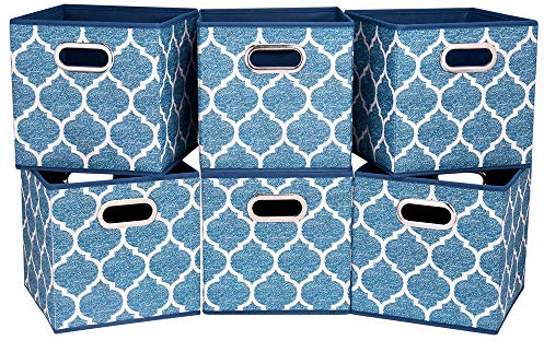 HSDT Square Fabric Cube Storage Bins 10.5x10.5 x 11In Blue Cloth Storage Cubes Baskets Foldable Storage Boxes Decorative Cubicle Strorage Inserts Cubes Drawer Organizer Closet,QY-SC09-6