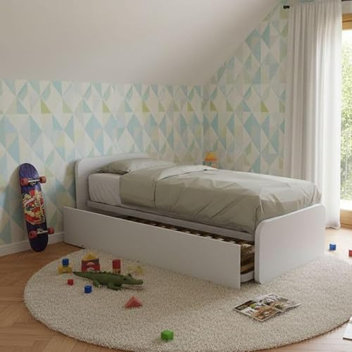 MOBILFINO CAMERETTE Letto Singolo con Letto Estraibile, trasformabile in Matrimoniale. Testate Personalizzabili, reti in Acciaio e doghe in faggio - Testata a Sinistra, Bianco