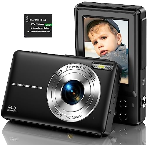 Digitalkamera, 1080P kompaktkamera, 44 MP fotokamera, HD-vloggkamera, barnkamera med 2,5 tums LCD-skärm, 16x digital zoom och 1 batteri, för flickor, pojkar, nybörjare – svart