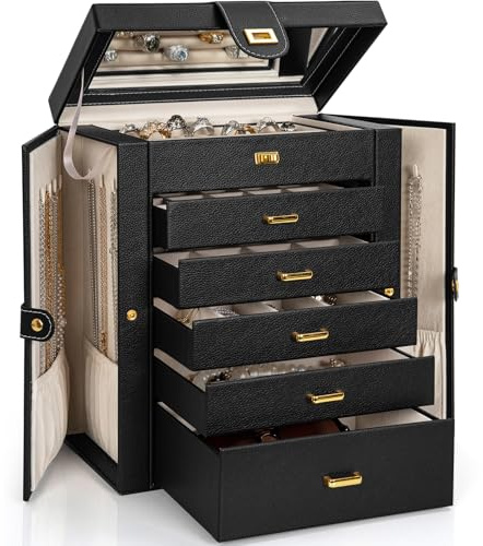 AKOZLIN Jewelry Box Organizer Functional Leather Jewelry Storage Case for Women Girls Ring Necklace Earring Bracelet Holder Organizer with Mirror Black