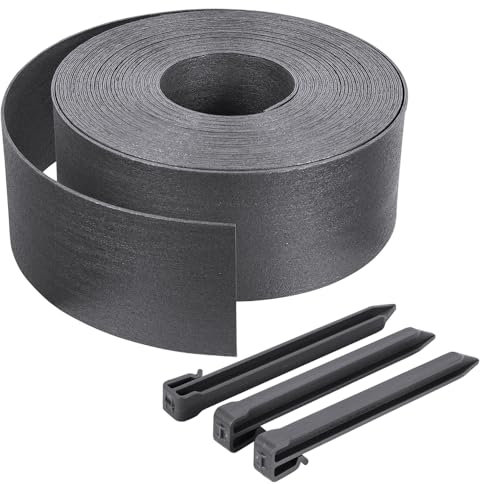VOUNOT® Borde Jardín Césped Borde, Bordillo Escondido Flexible de PE Aspecto Natural, Longitud 20 m Altura 13 cm Espesor 3 mm con 12 Estacas de Anclaje, Gris