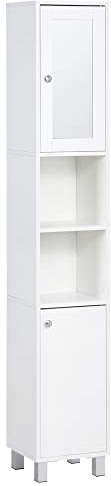 kleankin Meuble Colonne de Salle de Bain, Armoire Haute de Salle de Bain, Meuble de Rangement, 2 placards (1 avec Miroir), 6 niches, étagères réglables, 30 x 28 x 180 cm, Blanc