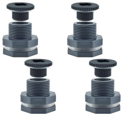 SDTC Tech 3/4 PVC Bulkhead Fittings, Plastic Pipe Connectors Bucket Hose Adapters for Buckets, Tanks, Rain Barrels, Threaded Straight Through Fittings (4PCS)