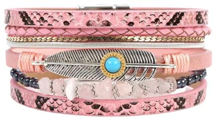 KunBead Feather Pink Leather Sparkly Wrap Bracelets for Women Handmade Braided Boho Multilayer Buckle Bracelet Wristband Cuff Bangle Boho Bohemian