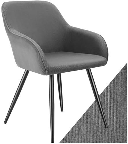 tectake® Sedia Velluto a Coste con Braccioli, Sedia Sala da Pranzo con Gambe in Acciaio, Comoda Poltrona Salotto con Imbottitura Schiuma ad Alta Densità, Poltrona Antiscivolo - Grigio/Nero