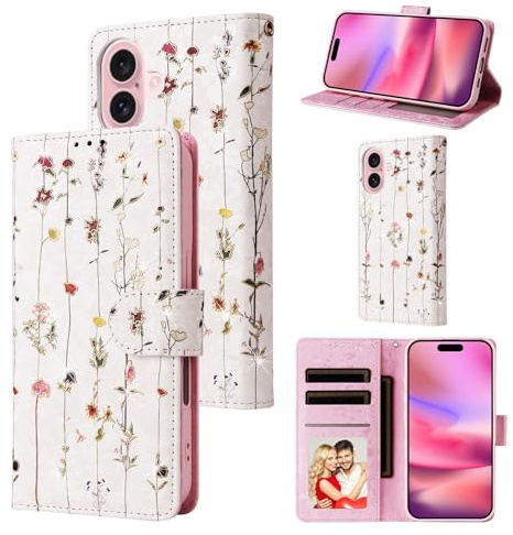 UEEBAI Wallet Case for iPhone 16 6.1, PU Leather Phone Case Kickstand RFID Blocking Flip Case Card Slots Wrist Strap Relief Engraved Pattern Magnetic Closure Folio Case - Vine