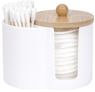 Adorila Cotton Pad & Swab Holder - Small Plastic Dispenser with Lid, Bathroom Storage Organizer for Cotton Swabs, Pads & Floss Picks (White)