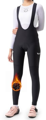 ROCKBROS Cycling Bib Pants Women Padded Winter Bike Thermal Tights Fleece Lined Leggings with Back Pocket Black