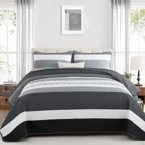 WONGS BEDDING Couvre-lit 240 x 260 cm - Noir et blanc - 3 pièces - Lit double - En microfibre - Avec 2 taies d'oreiller 50 x 75 cm - Pour chambre à coucher - Jeté de canapé