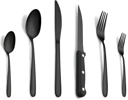 Pleafind 72 pezzi noir set posate in acciaio inox, per 12 persone per uso alimentare, in argento con coltello, cucchiaio, forchetta, coltello da bistecca, lavabili in lavastoviglie