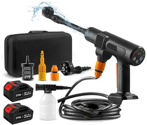 Limpiador de alta presión a batería, Max 200 bar con 15000 mah baterías, pulverizador de espuma, 6 en 1 multiuso boquilla y 180 ° boquilla giratoria para limpieza y riego