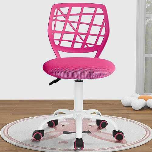 FurnitureR Kids Pink Desk Chair, Adjustable Swivel Study Chair with Mesh Padded Seat, Rolling Armless Task Chair with Plastic Backrest, Gift-Ready for Children & Teens
