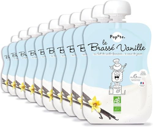 POPOTE - Brassé Vanille Bio Bébé 100 g - Dès 6 Mois - Gourde Individuelle - Texture Onctueuse - Lait de Vache Sans Sucres Ajoutés - Format Pratique à Emporter - Pack Familial 10 x 100 g