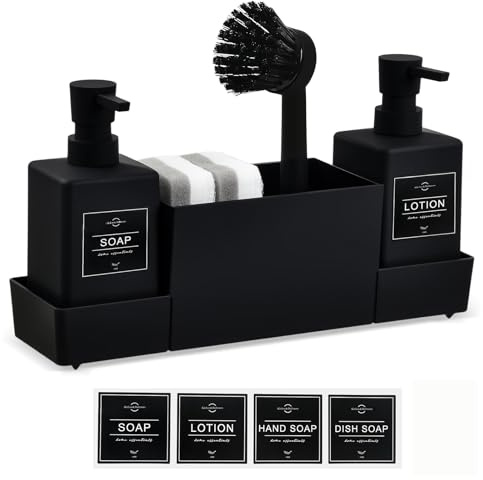 Organizador Fregadero Cocina 4 en 1, Dispensador de Jabón 350ml con Porta Esponjas y Cepillo, Jabonera Dosificador de Detergente Multifuncional, Soporte Estropajo Fregadero para Cocina o Bañ, Negro