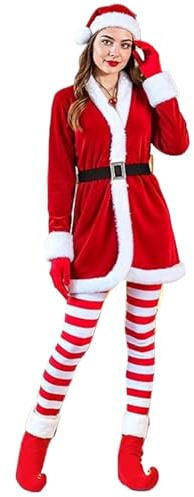 Santa Claus Costume - FunnyCosplay Outfit, Belt, Hat, Gloves - Mrs Claus Costume with Bell Necklace Stockings Boots,for Women Cosplay Vacation Holiday Event Parade