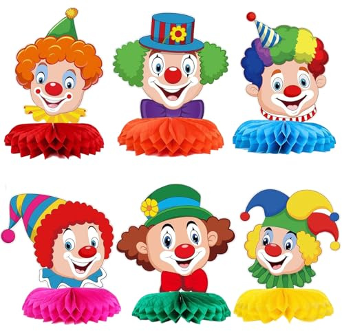 Clown Tischdeko Karneval, 3D Clown Wabenbälle Tischdekoration Faschingsdeko Bunte Party Mittelstücke Dekoration, Bienenwaben Tischdekoration für Karneval, Fasching, Fasnacht, Zirkus Deko (6Pcs)