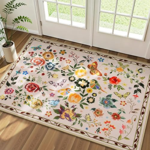 ZYJBD Tvättbar Blommig Vardagsrumsmatta, Halksäker Mjuk Kort Pälsmatta för Vardagsrum och Sovrum, Inomhus Entrématta, Helentrématta för Hall, Kök och Sovrum 60 x 90 cm