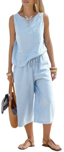 MINTLIMIT Womens 2 Piece Outfits Summer Striped Sleeveless Tank Top Capri Wide Leg Pants Sets Linen Lounge Set Casual Matching Outfits