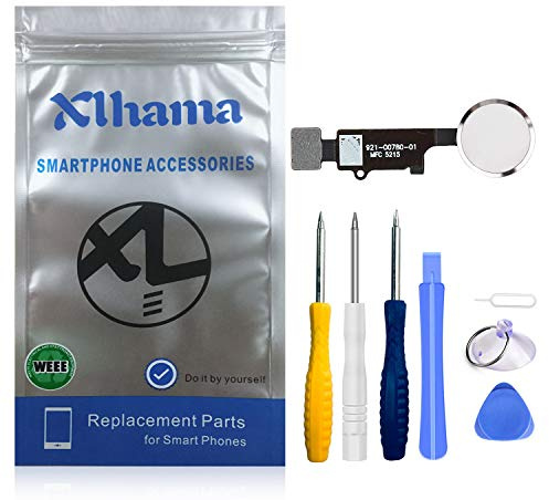 Xlhama Home-Button kompatibel mit iPhone 7/8/7Plus/8Plus (weiß) mit Anschluss Flachbandkabel Flex Rahmen aus Metall schützt Knöpfe und Gummidichtung vorinstalliert inklusive Reparaturset