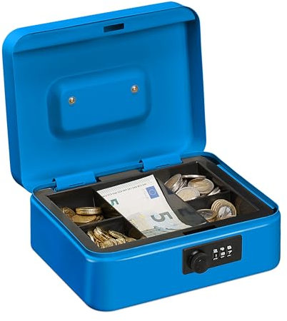 Relaxdays caudales numérica Caja Dinero, Combinación 3 Números, Bandeja para Monedas, Cajita Registradora Hierro, 8,5 x 20 x 17 cm, Azul