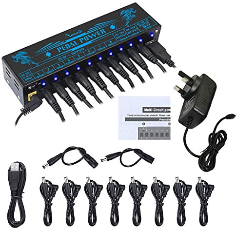 Amuzik Guitar Pedal Power Supply 10 Isolated DC Output for 9V/12V/18V Guitar Bass Effect Pedals with USB Charging Port for iPhone Tablet