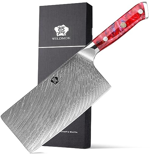 WILDMOK Cuchillo de carnicero, cuchillo de carnicero ultra afilado de 22cm, cuchillo de carnicero de acero damasco con hoja forjada y mango de madera, cuchillo chino resistente.
