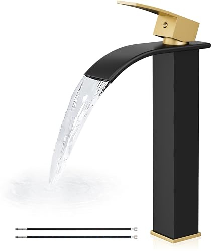 Airuida Waterfall Bathroom Tall Vessel Faucet Matte Black&Brushed Gold Vanity Sink Faucet Modern Single Hole Single Handle Farmhouse Lavatory Deck Mounted Mixer Tap Washbasin