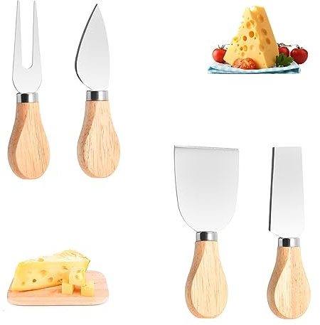 NUWIQ Cheese Knives with Wooden Handle: 4pcs Stainless Steel Spreaders for Butter Cake Charcuterie Pizza - Small Portable Cutters for Table Kitchen Picnic