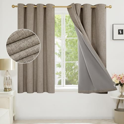 Deconovo Faux Linen Thick Full Blackout Curtains with Coating, Energy Saving Eyelet Thermal Curtains for Kids room, 46 x 54 Inch(Width x Length), Linen, One Pair