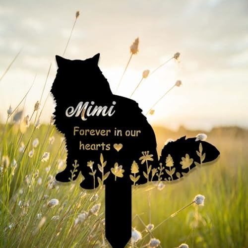 Custom Fluffy Cat Memorial Metal Sign - Long Haired Cat Grave Stake Marker - Personalized Loss of Pet Remembrance Gift