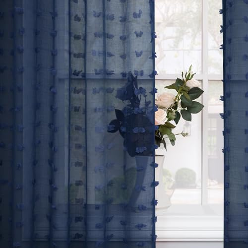 Navy Blue Sheer Curtains 84 Inches Long for Living Room Pom Pom Modern Boho Voile Drapes Window Semi Sheer Transparent Dark Blue Sheer Curtain for Bedroom Boys Kids Room 2 Panels Back Tab 52x84 Length