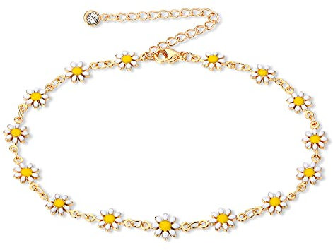 FUNEIA Fußkette Gold 14K Vergoldet Fußkettchen für Damen Gold Wasserfest Verstellbar Fussketten für Frauen mit Anhänger Gänseblümchen Teufelsauge Stein Herz Sommer Glitzer Boho Mädchen Fußschmuck