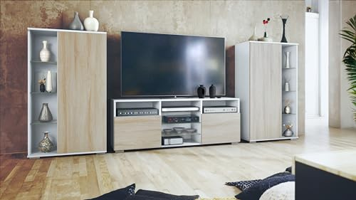 Vladon Wohnwand Davos, Anbauwand bestehend aus 2 Vitrinen und 1 TV-Board, Weiß matt/Eiche sägerau (329 x 134 x 35 cm)