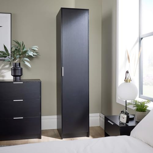 Home Source Phoenix Wardrobe with 1 Door | 180cm Tall Black| Hanging Rail & Storage Shelf | Contemporary Bedroom Furniture | 40D x 48W x 180H cm