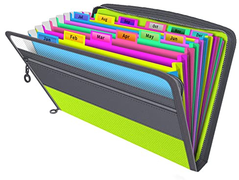 Vanulee Expanding File Folder, Accordion Document Box File Organiser with 13 Multicolour Pockets and Tabs,A4 Paperwork Filing Folders, Green
