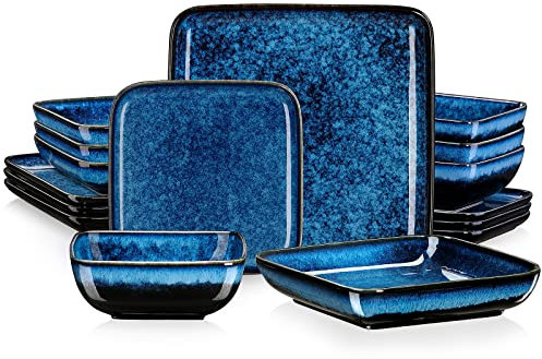 vancasso Dinner Sets, Square Reactive Glaze Crockery Set, 16-Piece Ceramic Plates and Bowls Set with Dinner Plates, Dessert Plate, Bowl and Soup Plate. Vintage Blue Look, Service for 4