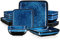 vancasso Dinner Sets, Square Reactive Glaze Crockery Set, 16-Piece Ceramic Plates and Bowls Set with Dinner Plates, Dessert Plate, Bowl and Soup Plate. Vintage Blue Look, Service for 4
