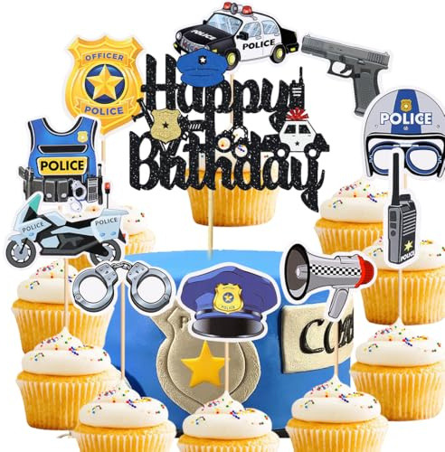 Decoración para cupcakes de policía, pistola de mano y esposas, decoración para tartas, coche de policía, emblema para decoración de tartas, para temática de policía, niños, cumpleaños, fiestas,