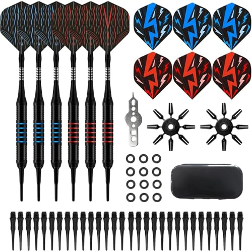 Flechette Pointe Plastique avec Boîtie 16g, 6 Pièces Flechettes pour Cible Electronique Set avec 30 Fléchettes Souples et Anneaux en Caoutchouc pour Jeux de Flechette Electronique Adulte