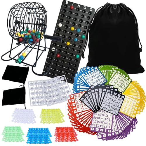 Deluxe Bingo Game for Adults Large Group, Includes 8 Bingo Cage with Big Storage Bag, 1000 Colorful Chips,118 Bingo Cards,75 Colored Balls,75 White Balls for Replacement, Master Board and 2 small Bag