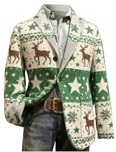 DENGJIAMY – Blazer de Noël moche pour homme avec imprimé de Noël – Veste de fête en velours côtelé – Manteau à un bouton – Coupe ajustée – Blazer d'affaires avec poches, Vert, XL