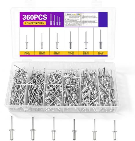 LONGERSIZHAN 360Pcs Assortiment Rivets Pop M3 M4 M5, Aveugles Aluminium | Rivets aveugles en aluminium. Assortiment M3/M4/M5. Idéal pour riveteuses. Résistants à la corrosion. Pour bricolage et pro.