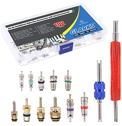 Glarks 102pcs Automotive Air Conditioning Valve Cord Schrader Valve Cord accessoires A/C R12 R134a tige de soupape de pneu de réfrigération et outil de montage de démontage