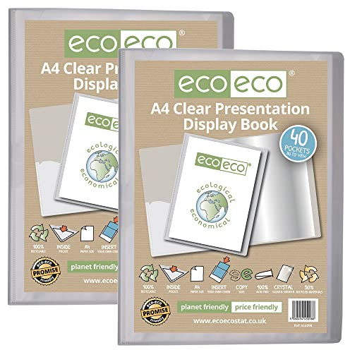 eco-eco Präsentationsbuch, A4, 50% recycelt, 40 Taschen, transparent, Aufbewahrungsbox, Portfolio, Kunstmappe, mit Kunststoffhüllen, 2 Stück, eco098x2
