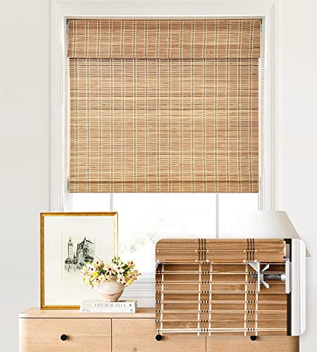 LazBlinds No Tools No Drill Cordless Bamboo Roman Shades, Light Filtering Window Treatment, Roll Up Bamboo Blinds for Windows 34'' W x 64'' H, Brown