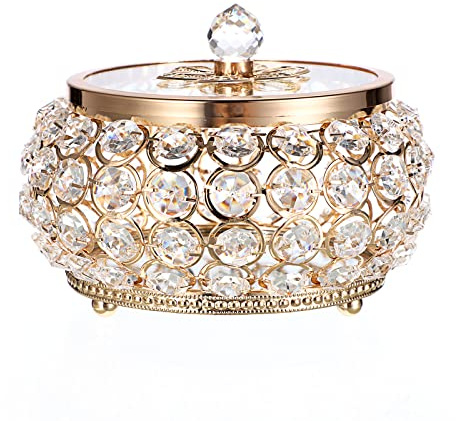 Hipiwe Crystal Jewelry Trinket Box with Glass Lid Large Gold Mirrored Treasure Box Decorative Jewelry Box Ring Earrings Necklace Storage Keepsake Box Gift for Women