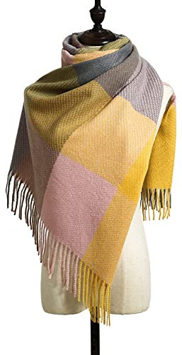 HGJH Schal Damen Winter,Winterschals, Gelb, Grau, Weich, Warm, Dick, Dick, Große Gitterquaste, Modeschal, Lang, Groß, Winterschal, Trendige Stola-Schals Für Frauen Und Mädchen