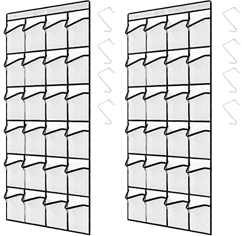 ZOENHOU 2-pack förvaringslösning över dörren, hängande skohyllhållare med 48 stora nätfickor, 8 krokar, tyg över dörren, skoorganisatör för garderob, sovrum, pryl, 144 x 50 cm, vit